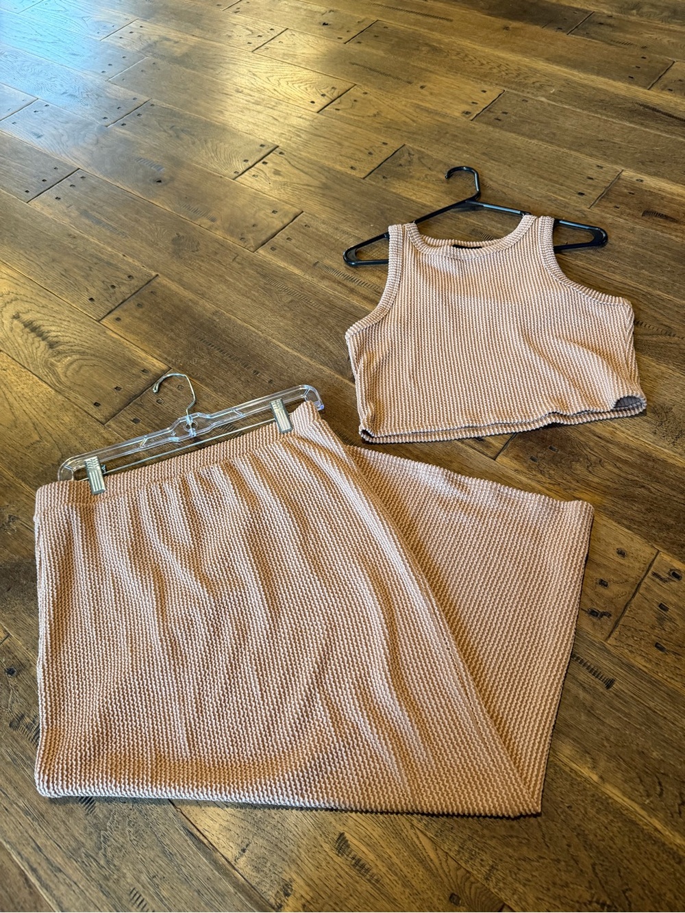 Textured Knit Midi Skirt Set in Tan Crop Top & Skirt